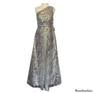 Adrianna Papell Blue Ice Gold One Shoulder Gown